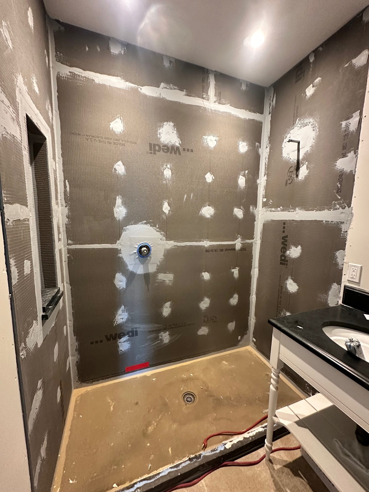 Shower rebuilt with waterproof backer board before tiling