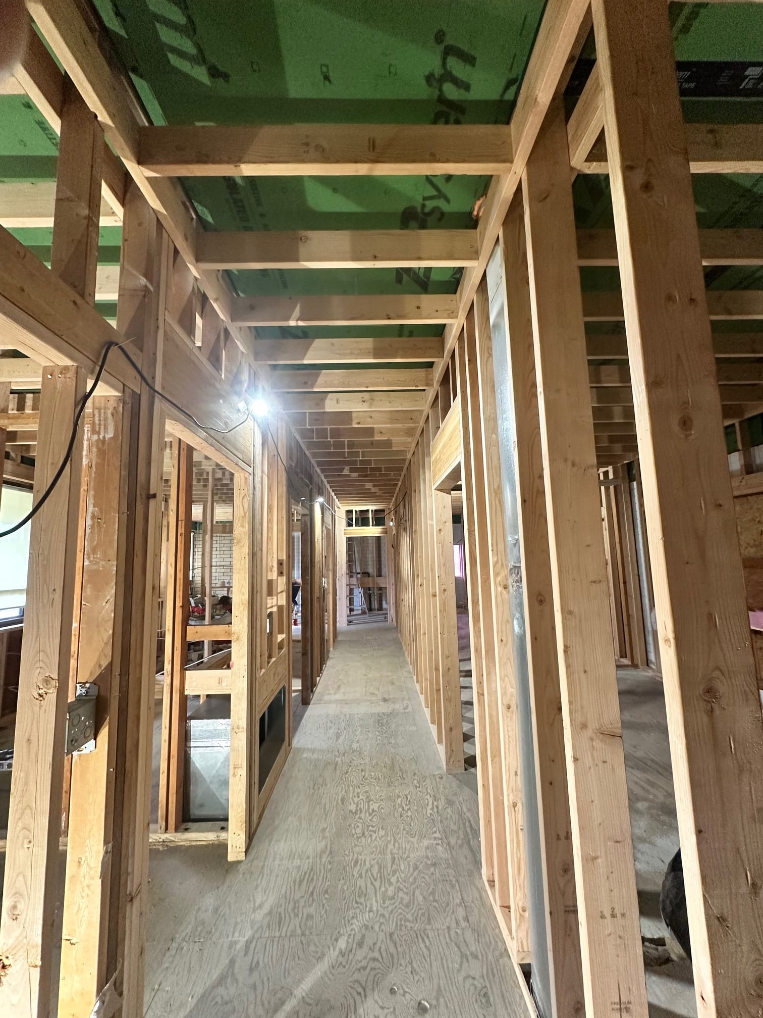 New interior walls framed during a home office remodel